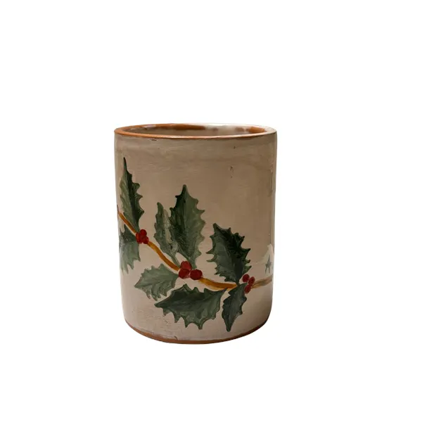 Tazza porta penne con decoro di agrifoglio e bacche rosse